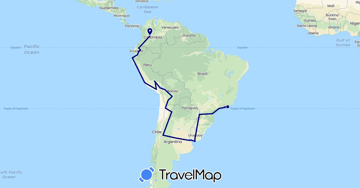 TravelMap itinerary: driving in Argentina, Bolivia, Brazil, Chile, Colombia, Ecuador, Peru, Uruguay (South America)